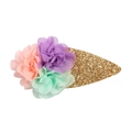 Pinza para el pelo con flores de gasa en rosa lila y verde sobre una base dorada con purpurina - Cono de Flor Púrpura Tricolor