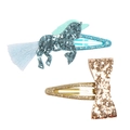 Set de pinzas para el pelo con lentejuelas, unicornio azul y lazo dorado para niñas - Unicornio Azul (MC515)