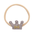 Infant elastic headband with grey crochet crown and golden glitter bow decoration - Bone Crown