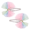 Zweiteiliges Set Haarspangen mit Makronen-Farbverlauf und silbernem Glitzer - Regenbogen Netzschleife (MC514)