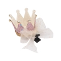 Pink and gold sequin princess crown hair clip with white mesh polka dot bow for girls - - / Pink Crown White Mesh Bow (MC1552)