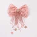 Barrette nœud en tulle rose avec couronne dorée, plumes et breloques en paillettes - Mc1541 Ruban Rose À Nœud Papillon En Plumes D'autruche / -