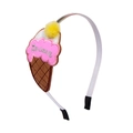Kids white headband featuring a sweet pink embroidered ice cream cone with yellow pom-pom - Ice Cream Embroidery (MH365)