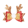 Glitzernde rote und goldene Weihnachtsschleife Haarklammer mit Rentiergeweih und weißem Bommel - Geweih Weißer Pompon (MC551)