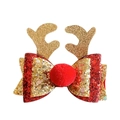 Barrette de Noël avec nœud à paillettes rouges, bois de renne dorés et pompon doux - Bois Nœud à Paillettes (MC6728)