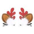 Paire de pinces à cheveux renne de Noël avec paillettes rouges, feutre et pompons blancs - Bois Paillettes Rouges Oreilles Brunes (MC6727)