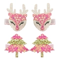 Lot de 4 barrettes pailletées rose avec rennes et sapins de Noël, pinces crocodile en tissu - Mélange Sapin de Noël et Renne
