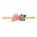 Bandeau vintage en nylon pour bébé avec fleurs artisanales roses et grises - MB1746 Rose Pivoine + Fleur Verte