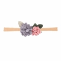 Bandeau bébé vintage avec fleurs roses et violettes sur ruban en nylon doux - MB1745 Rose Pivoine + Fleur Argentée