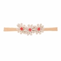 Bandeau bébé élastique en nylon beige orné de trois marguerites roses brodées - MB1742 Fleurs de Broderie Or Clair