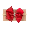 Bandeau bébé à nœud rouge pailleté avec strass sur un bandeau élastique beige - Nœud Pailleté Rouge Samba (MB887)