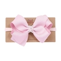 Bandeau bébé rose avec nœud en ruban, perles et strass sur carte de présentation - Nœud en Gros-grain Rose Corail (MB891)