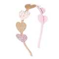 Roze haarband voor meisjes met vijf fonkelende hartjes van gouden en gekleurde glitters - Hartstijl (MH228)