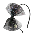 Diadema de Halloween de malla negra con estrellas de lentejuelas coloridas y lazo grande - Lazo estrella arcoíris