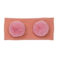 Coral orange knitted baby headband with two cute pink pom-poms on a white background - Lotus root pink