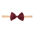 Red plaid bow headband for babies made with soft cotton linen and nude nylon band - Dark Red Plaid Single Knot (MB2745)