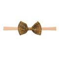 Infant elastic headband with yellow brown plaid bow and soft nylon band for baby - Vintage Yellow Plaid Single Knot (MB2749)