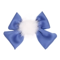 Dark blue satin bow hair clip with a soft white mink fur ball accessory for girls - Deep Sea Blue