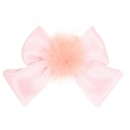 Pink silk satin bow hair clip with fluffy pom pom detail for kids in candy colors - Peach Pink