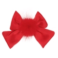 Vibrant red satin bow hair clip with a soft mink fur pompom ball for girls - Festive Red