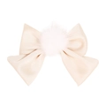 Elegant beige satin bow hair clip with a fluffy white faux fur pompom decoration - Apricot White