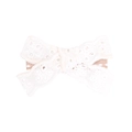 Close-up of white handmade lace bow hair clip with a ribbon-wrapped back metal clip - Cream White Lace Bow