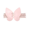 Detailed macro view of handmade pink leather butterfly clip with dual pearls and polka dot ribbon - Pink Butterfly