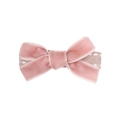 Detail of a pink velvet bow hair clip with heart pendant and polka dot ribbon texture - Pink Velvet Bow