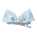 Light blue ribbon bow hair clip for girls with sparkling rhinestone crown detail - Sky Blue