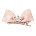 Pink ribbon bow hair clip for girls with a sparkling rhinestone crown and metal alligator grip - Champagne Pink