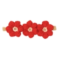 Bandeau bébé en nylon avec trois fleurs rouges au crochet et sangle élastique beige - Bandeau / Rouge