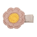 Pink crochet flower hair clip with yellow center and ribbon wrapped metal base for babies - Sun Flower Clip (MC983)