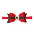 Elastic nylon baby headband with a Santa-themed faux leather bow and golden buckle detail - Christmas Leather Costume Bow (MB3009)