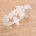 Delicate white lace baby headband with floral embroidery on transparent stand - Tight Five-Petal Flower Style (MB2505)