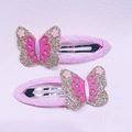 Mollette farfalla dorate glitterate con tessuto rosa per bambine set di due - Stile Farfalla Rosa (MC3319)