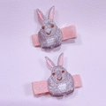 Pair of embroidered rabbit hair clips for girls with pink glitter fabric base decor - Rabbit Style (MC3315-2)
