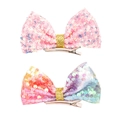 Detail von rosa und Regenbogen Pailletten Haarschleifen mit goldenen Glitzerbändern Clips - 2-Teiliges Set (MS5123)