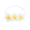 White nylon baby headband featuring three handmade knitted daisy flower decorations - Plumeria Hairband (MB5011)