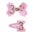 Detail der rosa Glitzer-Haarspange mit goldener Zahl 3 und Rose zum 3. Geburtstag - Nummer 3 Stil (MS5218) / Rosa