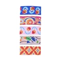Nahaufnahme bunter bestickter Stoff-Haarspangen mit Blumen und geometrischen Mustern - Blaue Blume Kreis Orange Blume Feder Geometrisch (MS5213)