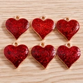 Lot de 6 pendentifs cœur rouge pailleté avec bords dorés pour la création de bijoux - Rouge Foncé