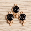 Three gold alloy lollipop charms with black enamel swirl and bow detail for DIY jewelry - 10 Pieces Pack / Black