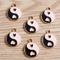 Chinese style Tai Chi heart enamel charms in black and pink with gold metal edges - 10 Pieces Pack / Black Round Tai Chi