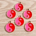 Pink and red enamel Tai Chi heart charms with gold plated edges on wooden background - 10 Pieces Pack / Rose Red Round Tai Chi