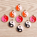 Enamel heart tai chi pendants in orange, pink, and black with golden alloy frames - 10 Pieces Pack / Mixed Color Round Tai Chi