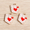 Alloy heart poker card charms with red hearts and golden edges for DIY jewelry sets - 10 Pieces Pack / Red