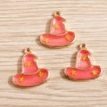 Colgantes de sombrero de bruja en esmalte rosa con estrellas amarillas y borde dorado - Rojo