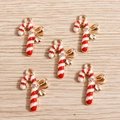 Christmas candy cane charms with red and white enamel spirals and golden bow details - 10 Pieces Pack / Red