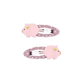 Paire de pinces à cheveux cochon rose avec fleurs et ruban violet à pois blancs - Petit Cochon Rose (MC5264)