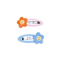 Lot de deux barrettes pour filles avec fleurs souriantes et ruban en tissu côtelé - Fleurs Orange et Bleues (MC5266)